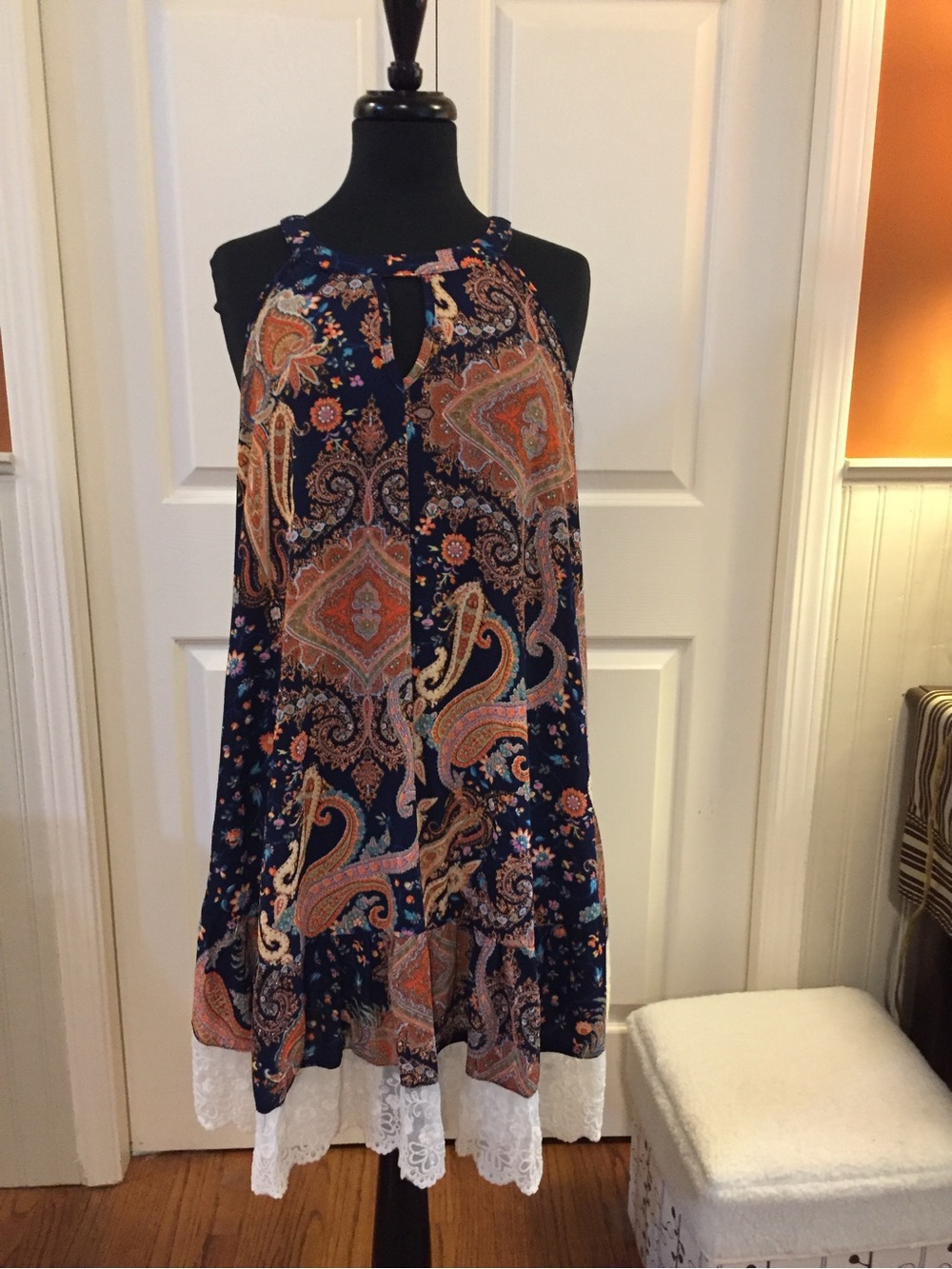 Umgee Navy Paisley Halter Dress with Coral and Cream Accents